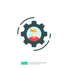 An illustration featuring a person within a gear, symbolizing industry and teamwork. The design highlights collaboration and efficiency in a modern context.
