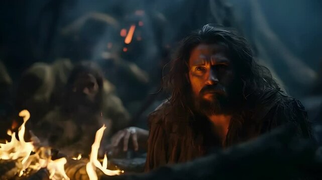 Video recreation of a prehistoric man staring a bonfire