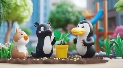 Cute Animals Planting Together in a Colorful Garden