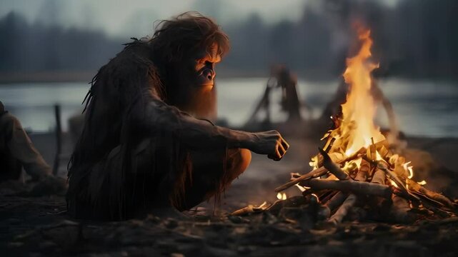 Video recreation of a hominid together a bonfire