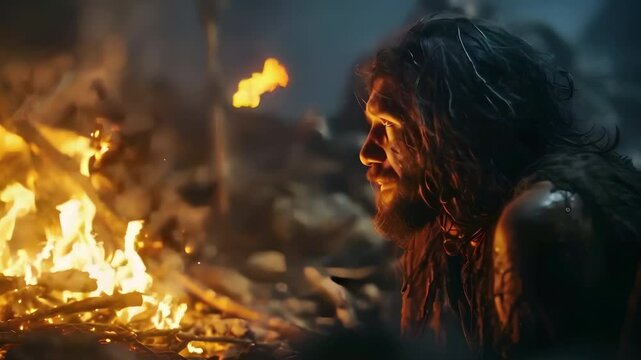 Video recreation of a prehistoric cavern man together a bonfire