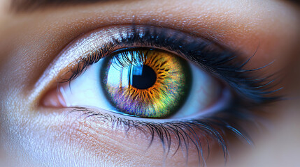 Obraz premium Close-up of a beautiful female eye with a rainbow-colored iris