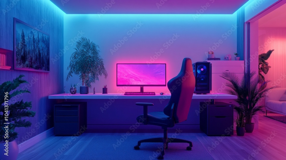 Poster a computer gaming room with a neon blue light and a neon pink computer monitor