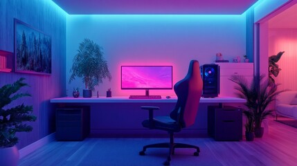 A computer gaming room with a neon blue light and a neon pink computer monitor