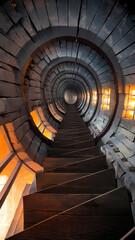 Obraz premium Intricate spiral staircase leading down through a circular wooden tunnel, illuminated by warm lights on the walls, creating a captivating architectural perspective.