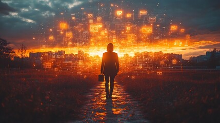 Fototapeta premium Silhouette of person holding briefcase walking toward a horizon filled with symbols of growth business opportunities and innovation representing entrepreneurial ambition