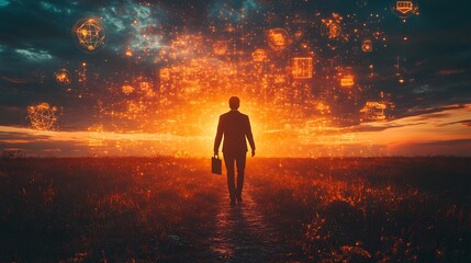 Silhouette of person walking toward a horizon filled with growth symbols and business opportunities representing entrepreneurial ambition and the pursuit of innovation