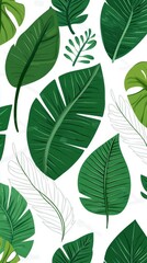 Obraz premium A seamless pattern with green tropical leaves on a white background.