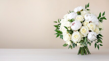 A beautiful bouquet of white roses and peonies, arranged with green foliage, set against a soft beige background.