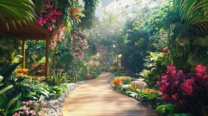 Obraz premium Exotic Botanical Terrace with Lush Plants and Flowers
