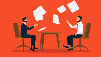 Fototapeta premium Two men throw papers during a discussion at a table, set against a vibrant orange background, suggesting conflict or disagreement.
