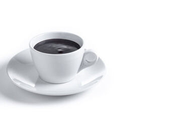 Hot chocolate drink in white mug isolated on white background. Copy space
