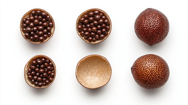 Tamarindus indica fruits, whole and broken open, revealing shiny dark seeds, textured brown shells on a pure white background, top-down perspective