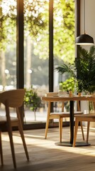 Fototapeta premium Chic Modern Cafe with Large Windows and Stylish Decor