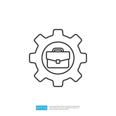 A simple line drawing of a gear with a briefcase inside, symbolizing business and industry concepts.