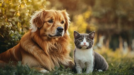 Young cat and dog together outdoors, friendship concept