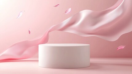A minimalist product display white podium adorned with a soft flowing pink fabric against a pink backdrop