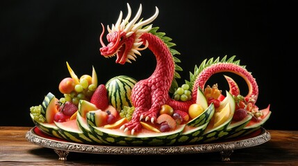 Fototapeta premium Colorful Dragon Made of Watermelon and Fruits