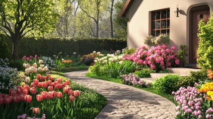 Obraz premium A realistic depiction of a beautiful house with a lush garden, filled with blooming roses, tulips, and a stone path.