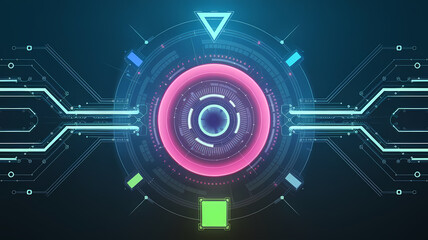 Futuristic digital design featuring a central glowing circle with vibrant colors, surrounded by geometric shapes and circuit-like patterns, representing technology and innovation.