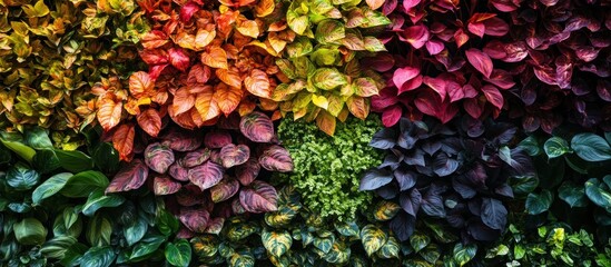 A vibrant wall of lush green, red, purple, and yellow leaves.
