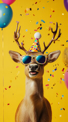 Party animal! Colorful photo of funny, happy deer on yellow background. Ballons, confetti, happy...