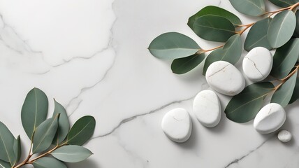 Flat lay of green eucalyptus leaves on marble, perfect for minimalist and fresh compositions.