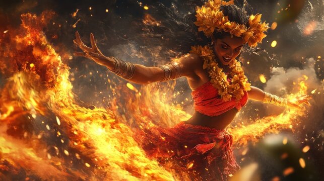 A realistic depiction of the Hawaiian goddess Pele, surrounded by lava and flames, with intricate details capturing her fiery energy.