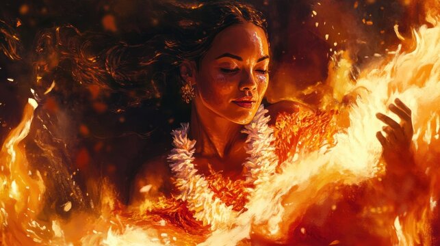 A realistic depiction of the Hawaiian goddess Pele, surrounded by lava and flames, with intricate details capturing her fiery energy.