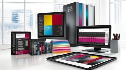 Computer monitors displaying color swatches, software, and color palettes on a white desk.