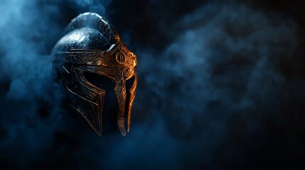 Ancient Greek helmet with smoke in the background.