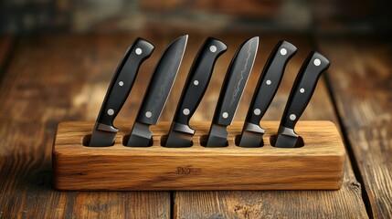Stylish knife set with black handles and wooden stand