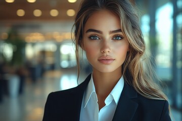 Naklejka premium Close-Up of a Posed Business Woman with Wavy Hair in Modern Style and Natural Lighting