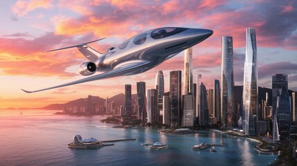 Naklejka premium Jetliner Maneuvering Over Futuristic Coastal City at Sunset