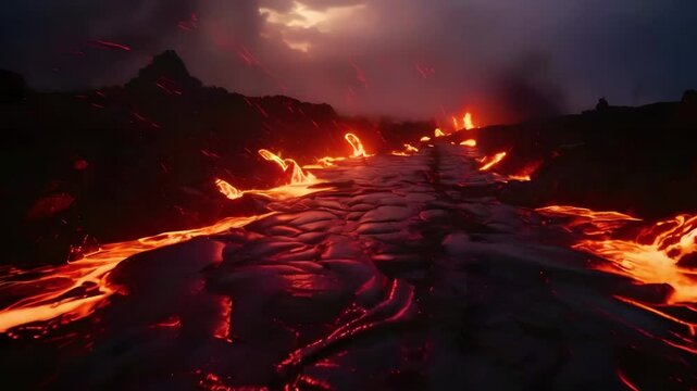 Video recreation of a lava river in a big volcano eruption