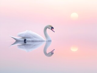 Graceful Swan Gliding Across Tranquil Lake at Ethereal Dawn