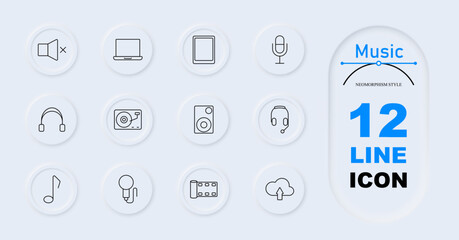 Music set icon. Play button, music note, pause button, fast forward, film camera, rewind, cloud download, photo camera, screen, CD disc.