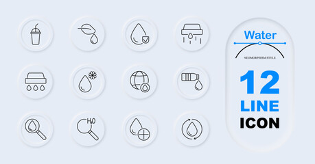 Water set icon. Drink, leaf with drop, water filter, frozen, globe with drop, water bottle, H2O magnifying glass, cycle, raindrop.