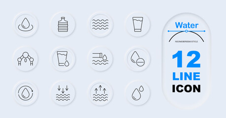 Fototapeta premium Water set icon. Drop on surface, plastic bottle, water waves, glass of water, molecular structure, faucet, drop with pill, water cycle, downward arrows, upward arrows, droplets.
