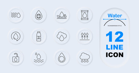 Water set icon. Water flow, globe, surface, frame, drop cycle, bottle with drop, cloud, upward arrows.
