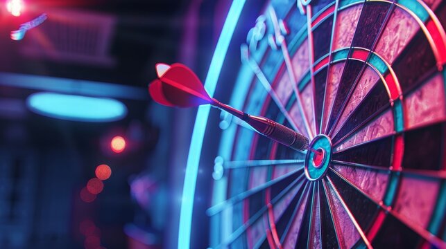 A red dart hits the bullseye on a dartboard, illuminated by a neon blue light. It signifies the goal of achieving the perfect score or reaching a target.