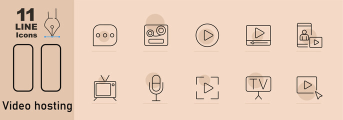 Video hosting set icon. Chat bubble, reel, play button, video on screen, person with video on mobile, TV set, microphone, play button in frame, TV presentation, play button with arrow