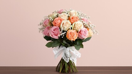 Obraz premium A vibrant bouquet featuring pink, peach, and cream roses, complemented by delicate greenery and a white ribbon, set against a soft pink background.