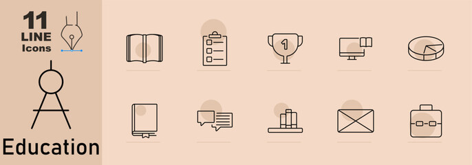 Education set icon. Open book, checklist, trophy, projector, pie chart, textbook, speech bubble, bookshelf, envelope, briefcase.