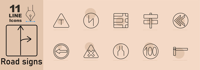 Road signs set icon. T-junction, intersection, road narrowing, directional sign, left arrow, no crossing, lane merge, speed limit, barrier