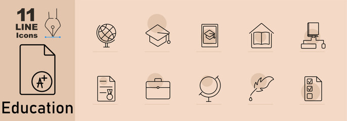 Education set icon. Document with A, globe, graduation cap, certificate, book, briefcase, writing quill, checklist, home learning.