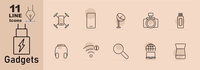 Gadgets set icon. Drone, smartphone, microphone, camera, USB stick, VR headset, Wi-Fi symbol, magnifier, globe, portable speaker