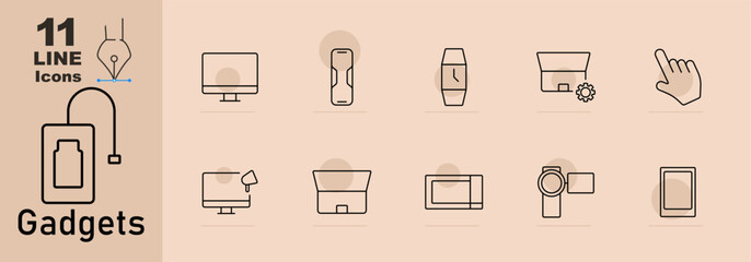 Gadgets set icon. Desktop, smart speaker, smartwatch, smart display, hand gesture, desk lamp, printer, wireless charging pad, camcorder, tablet