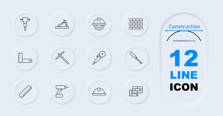 Construction set icon. Jackhammer, nail gun, safety helmet, brick wall, ruler, pickaxe, circular saw, screwdriver, hard hat, brickwork. Building, safety gear, construction tools, industrial work.