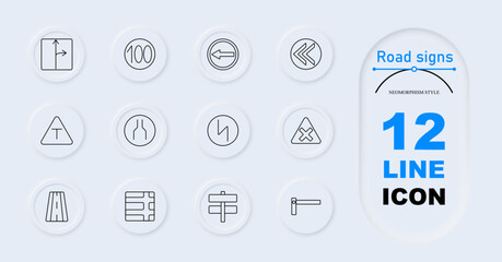 Road signs set icon. Right turn, speed limit 100, left turn, double arrows, triangle caution, two-way street, no entry, junction, boom gate. Traffic management, navigation, road safety.